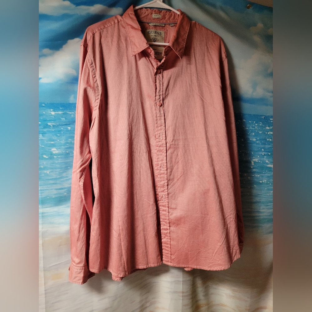 Guess Mens Long Sleeve Button Down Shirt Washed out Red Color Size XXL